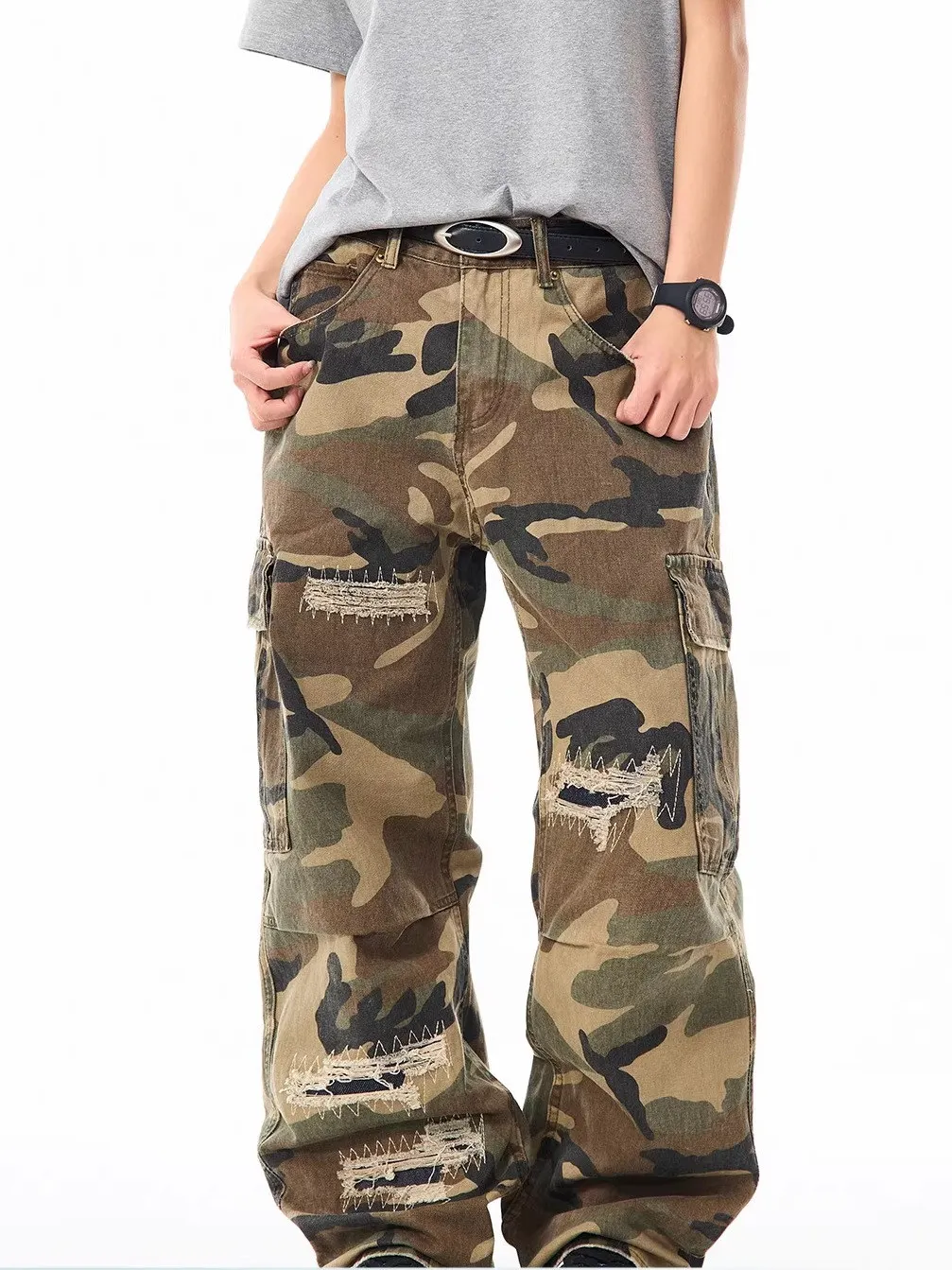 

Retro American Camouflage Work Pants Men Women Loose Straight Casual Trousers High Street Sle Wear Resistant Long Pants