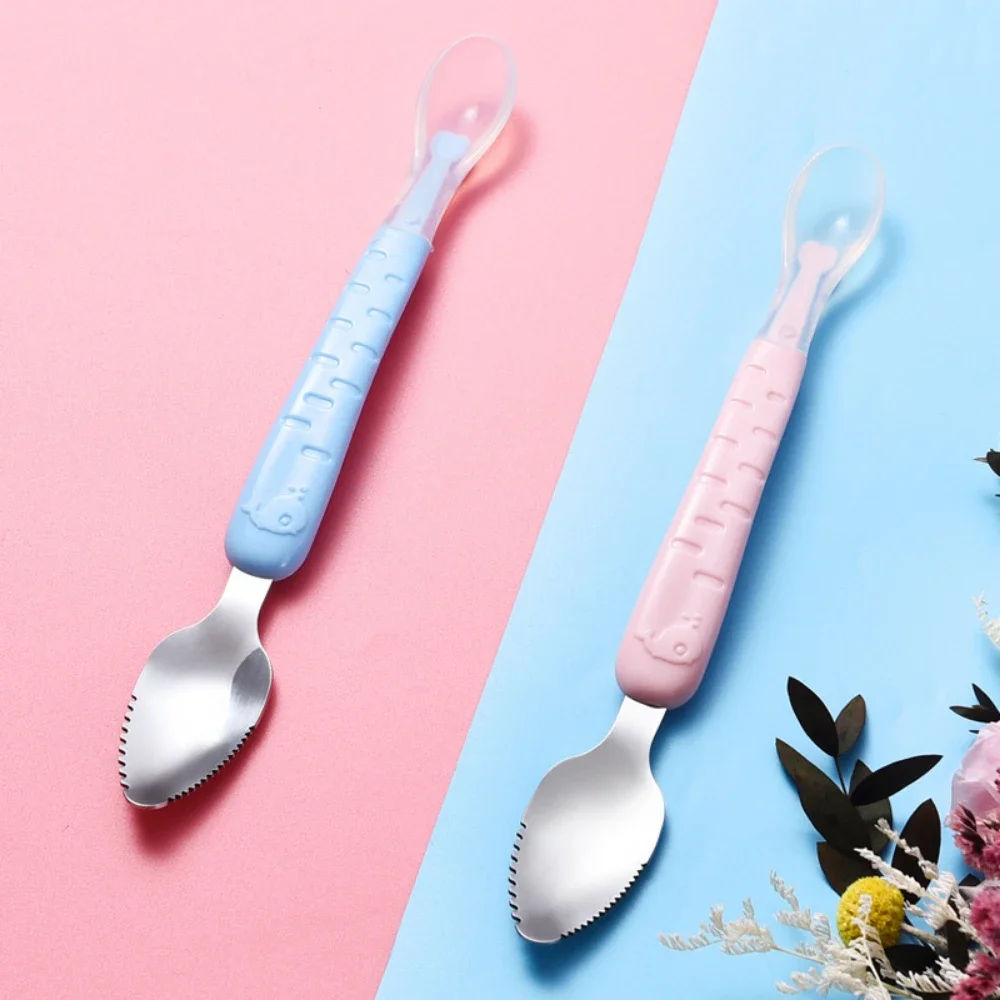 Baby Fruit Double-headed Mud Scraping Spoon 304 Stainless Steel Silicone Soft Spoon Mud Scraper with Storage cut Box