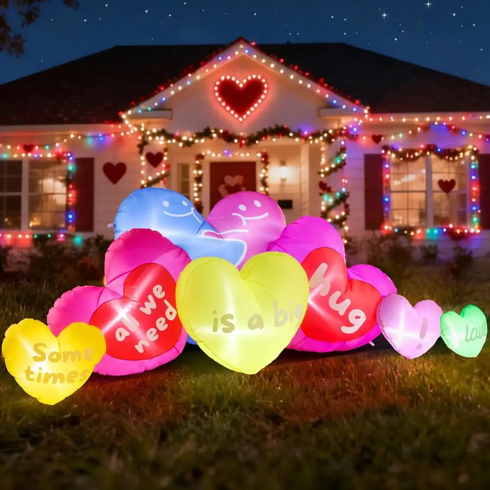 

9.5FT Long Valentine Iatables Outdoor Decorations - Valentine's Day Iatable Seven Love Hearts Blow up Decoration, Built-in LED L