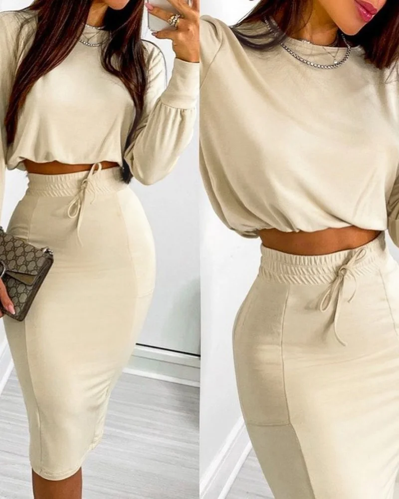 

Ladies Elegant Suit Ladies New Fashion Round Neck Sweatshirt Short Top + Drawstring New High Waist Tight Skirt Two-piece Set