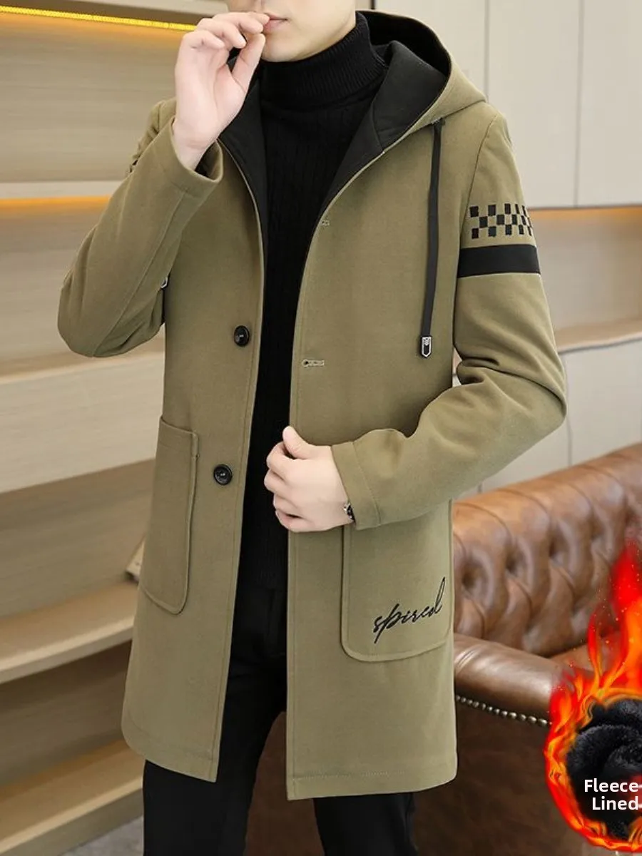 

Thiened Fce Autumn Winter Men's Coat Casual Mid-Length Woolen Coat with Hood Trendy Outdoor Wear Spring Season Faion