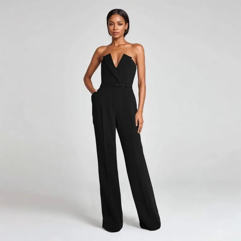 Monos elegantes con corte en V para mujer, chaqueta sin tirantes con cinturón, pantalones de pierna ancha sin espalda, monos de una pieza para fiesta, peleles de oficina para mujer