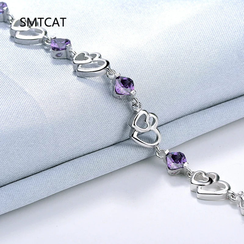 Asscher Cut Natural Amethyst 925 Sterling Silver Double Heart Bracelet for Women Purple Gemstone Statement Jewelry Pulseiras