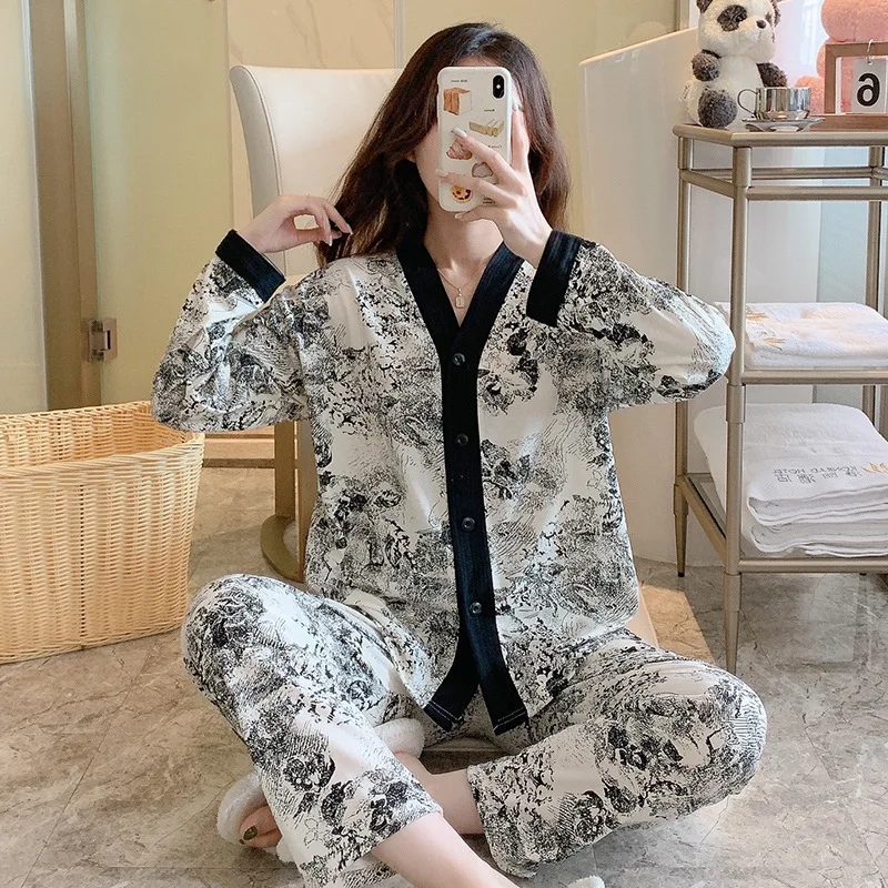 New Two-Piece Pajamas Ladies Spring And Autumn Long-Sleeved Homewear Autumn And Winter Models Ladies Casual Pajamas Homewear Set