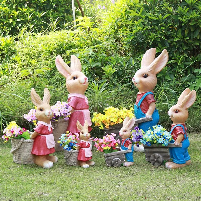 Cartoon Rabbit Flower Planter Statue Fiberglass Creative Outdoor Sculpture for Garden Yard Villa Patio Lawn Landscape Decor