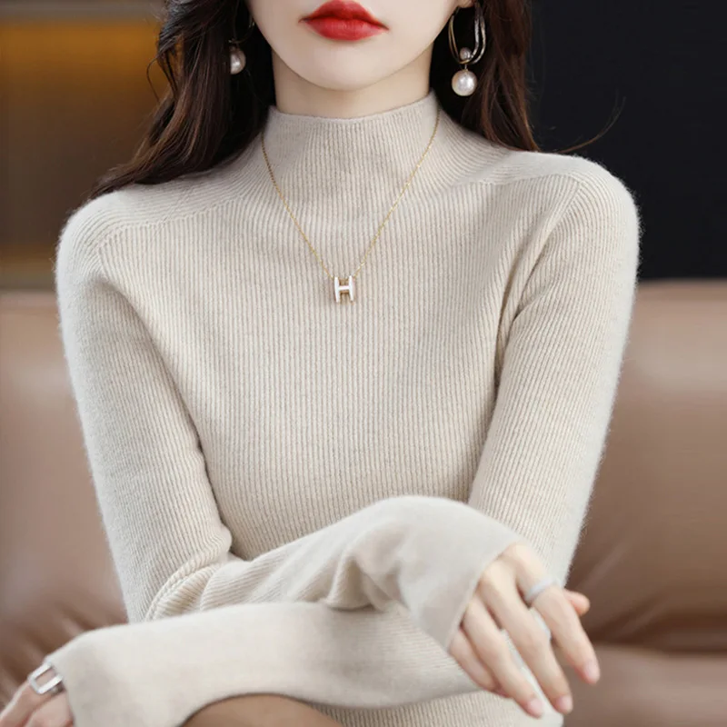 ربيع الخريف الملابس النسائية نصف الياقة المدورة الدافئة أسفل ارتداء القمم سليم البلوز تريكو سترة الشتاء طويلة الأكمام البلوز