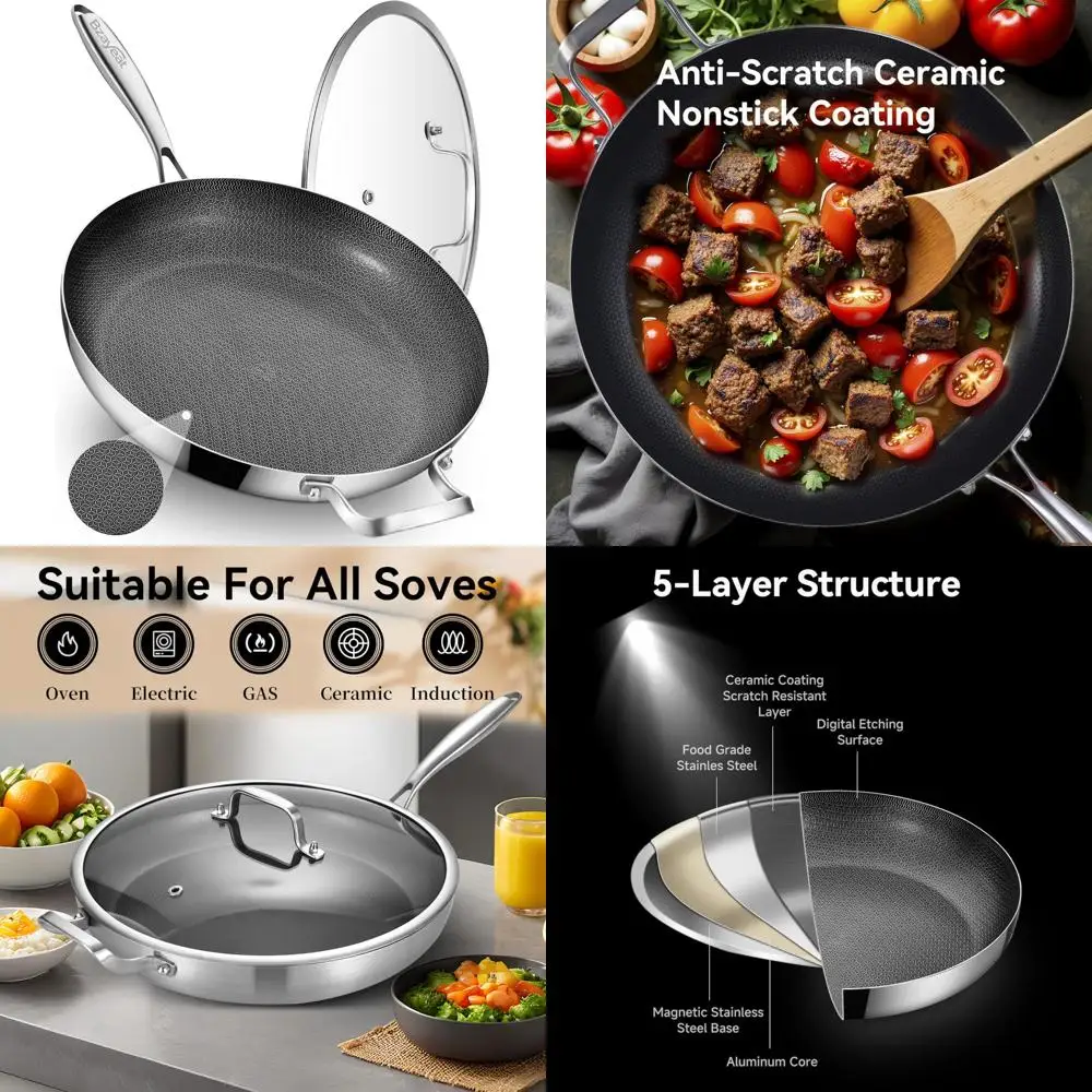 

Ceramic Coated Tri-Ply Stainless Steel 13-Inch Large Skillet with Lid, Nonstick Hybrid Frying Pan, PFOA Free Induction Chef's Pa
