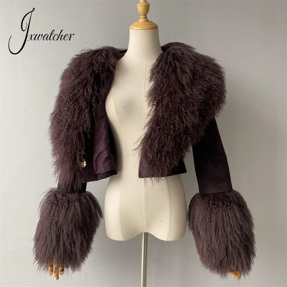 Jxwatcher-Chaqueta de ante Real con cuello de piel de oveja mongol grande para mujer, abrigo corto de moda de invierno, abrigos recortados de piel de cordero, nuevo