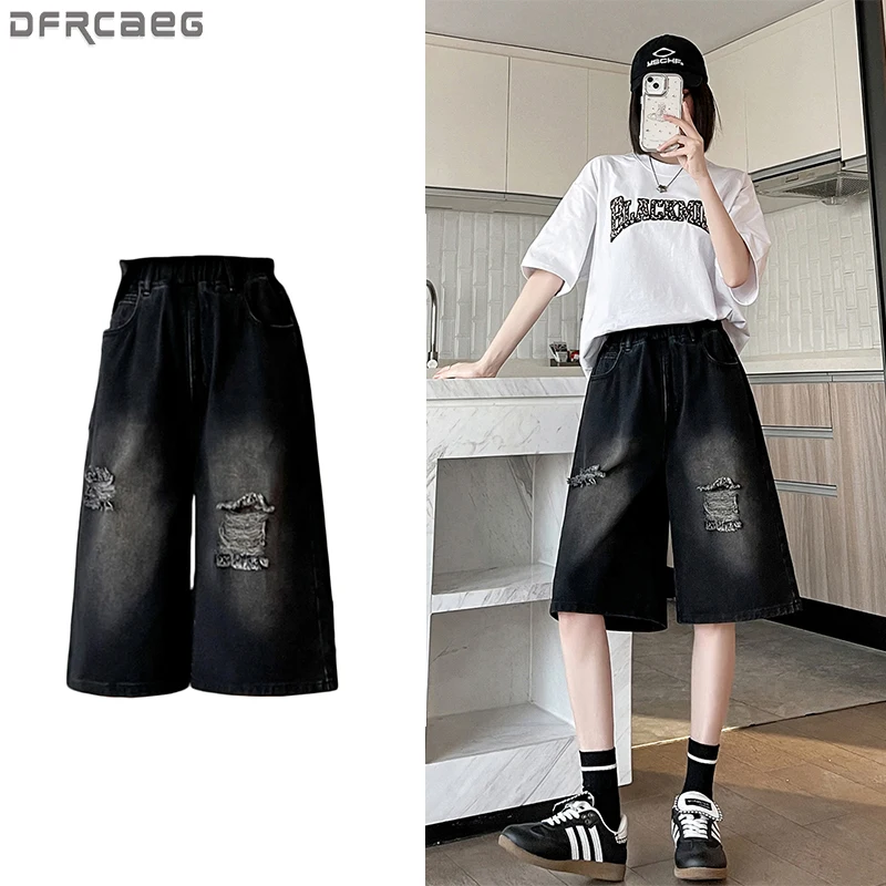 

M-6XL Джинсовые шорты больших размеров для женщин, лето 2025, новые рваные полубрюки с высокой талией, черные рваные полубрюки, женские черные шорты-бермуды