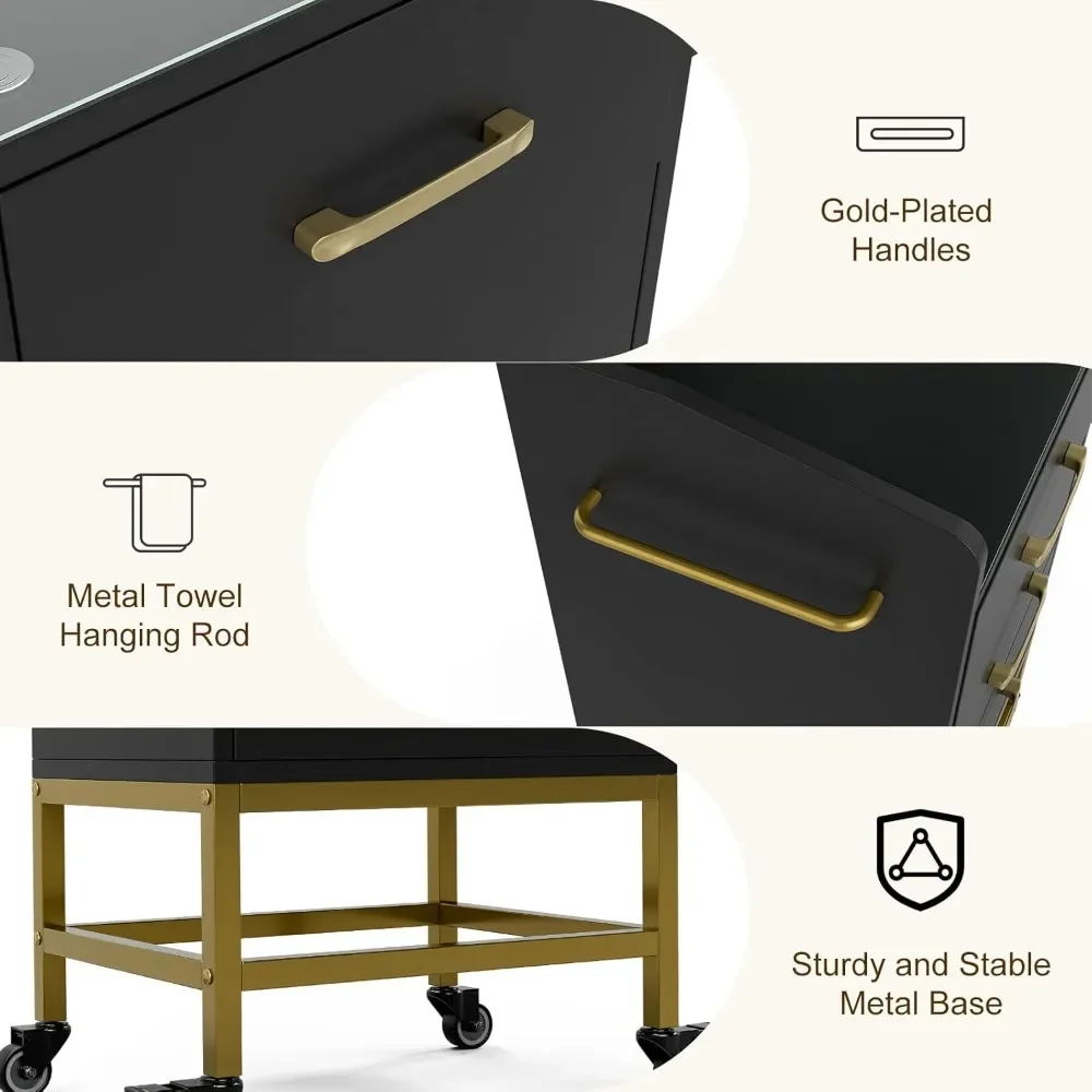 Carrinho de armazenamento para salão de beleza, armário de salão de cabeleireiro com tampo de vidro e suporte para secador de cabelo, rolos com fechadura, gavetas, preto