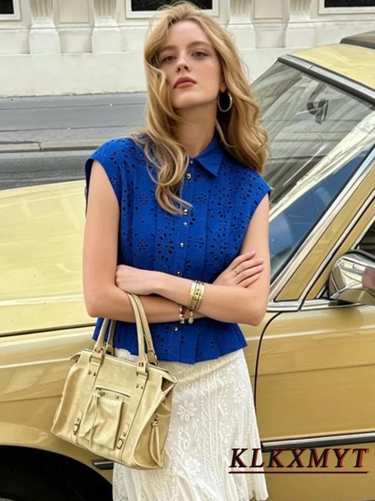 Women Fashion Sexy Hollowed-Out Laple Vest Leisure Button Decoration Sleeveless Blue Top Elegant Slim Summer Vacation Solid Top