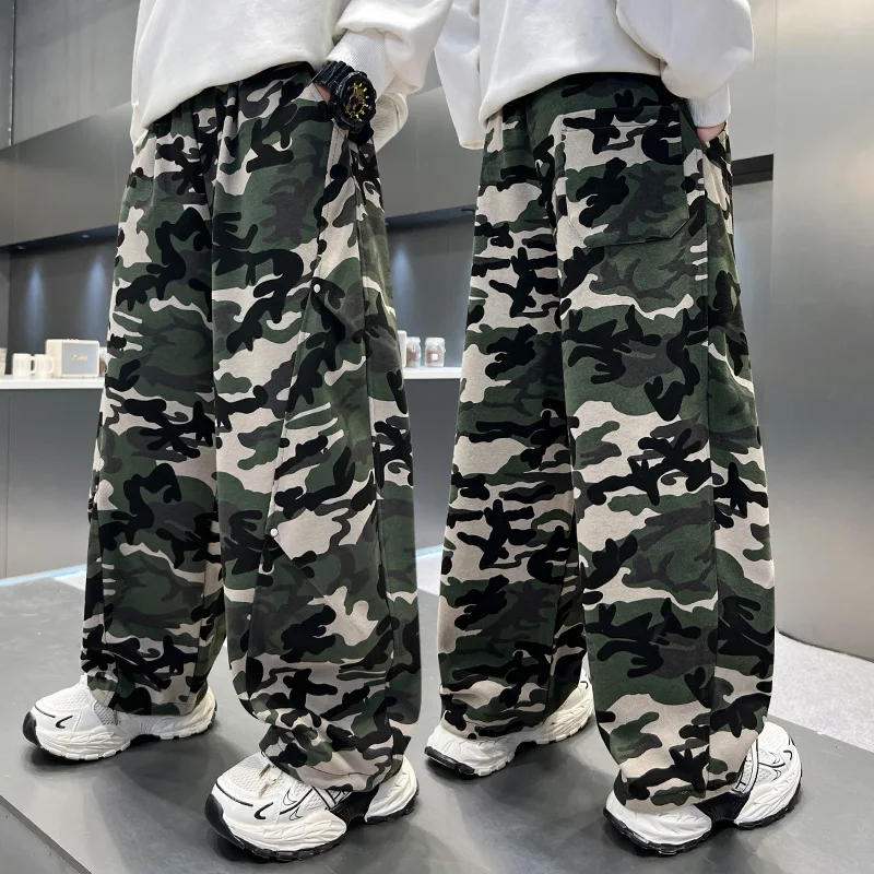 Loose Casual Boy's Military Green Camouflage Pants Korean Style Kids Outdoor Sports Trousers Children Hiking Camo Sweatpants