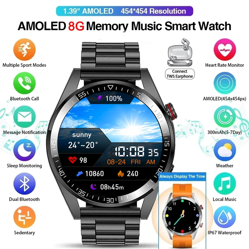 New 454*454 Screen Smart Watch Always Display The Time Bluetooth Call Local Music Smartwatch For Mens Android iOS TWS Earphones