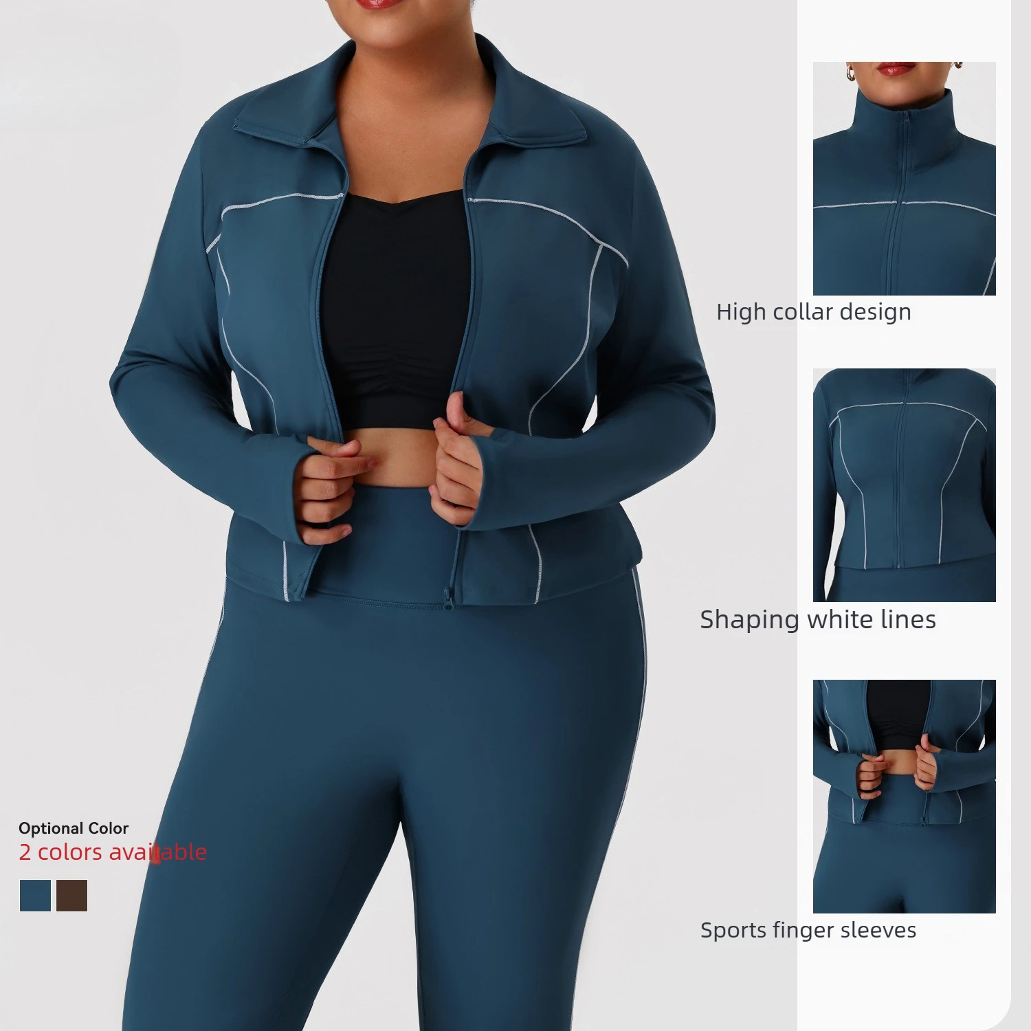 Women Plus Size 2 Piece Yoga Set Stand Collar Long Sleeve Jacket With Thumb Hole High Waist Leggings Gym Pilates Running Set