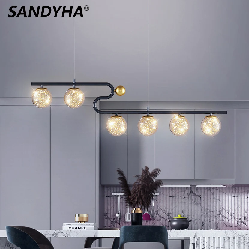 SANDYHA Modern LED Dining Room Table Chandelier Long Line Strip Glass Ball Hanging Lamp Over Kitchen Island Bar Pendant Lights