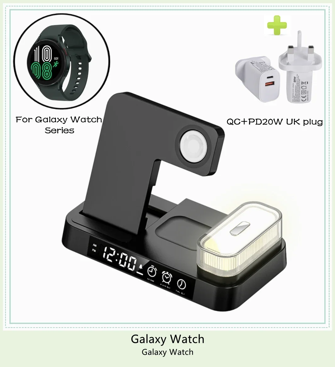 Alarm Clock Wireless Fast Charging Station with LED Night Light for Samsung Galaxy Watch 6/5/4/3/Active 2 Galaxy S24 S23 Buds