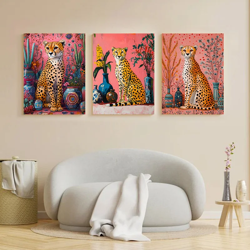 Framed Pink Cheetah Wall Art Canvas Painting Nordic Abstract Watercolor Animal Decorative Poster for Living Room Bedroom Decor