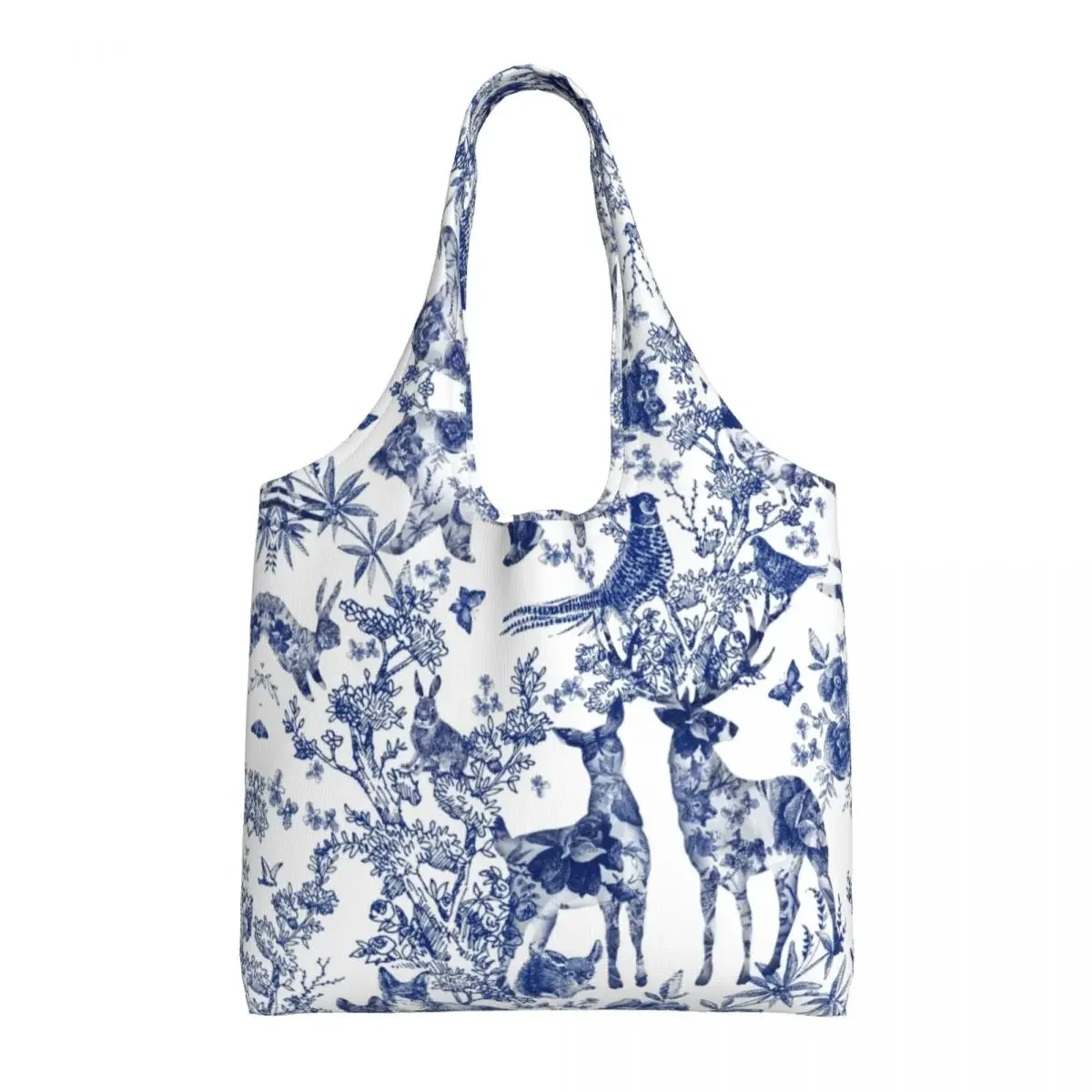 

French Toile De Jouy Tote Shopping Bags Reusable Canvas Shoulder Shopper Floral And Animal Forest Indigo Pattern Handbag Bags