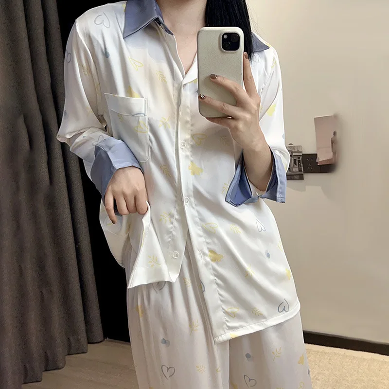 Turn-down Collar Long Sleeved Top and Pants Two Piece Set Printed Pajamas Spring Thin Ice Silk Pajamas Home Clothing for Women