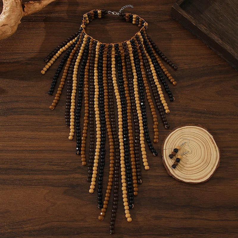 African Wood Beads Multi-layer Tassel Necklace Earrings Set Bohemia Colorful Beaded Choker for Women Jewelry Set Wedding Party
