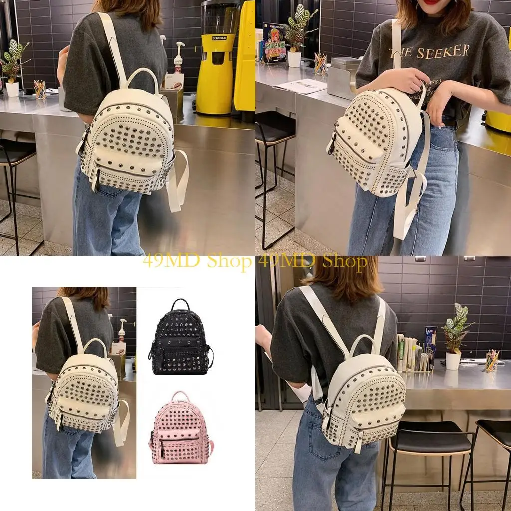 

49MD Vintage Color Backpack Waterproof PU Leather Satchel Rivet Studded School Bag for Outdoor Activities Vacation