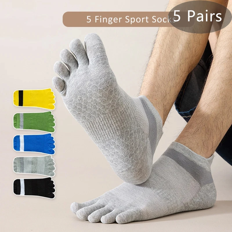 5 Pairs Sport Toe Ankle Socks Man Cotton Massage Feet Damping Striped Bike Run Outdoor Travel Fitness Invisible Toe Socks Sokken