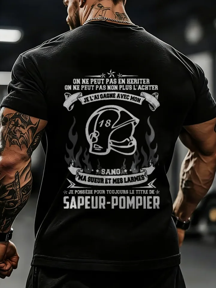 Camiseta Negra de Entrenamiento para Hombre con Casco de Bombero y Texto en Francés