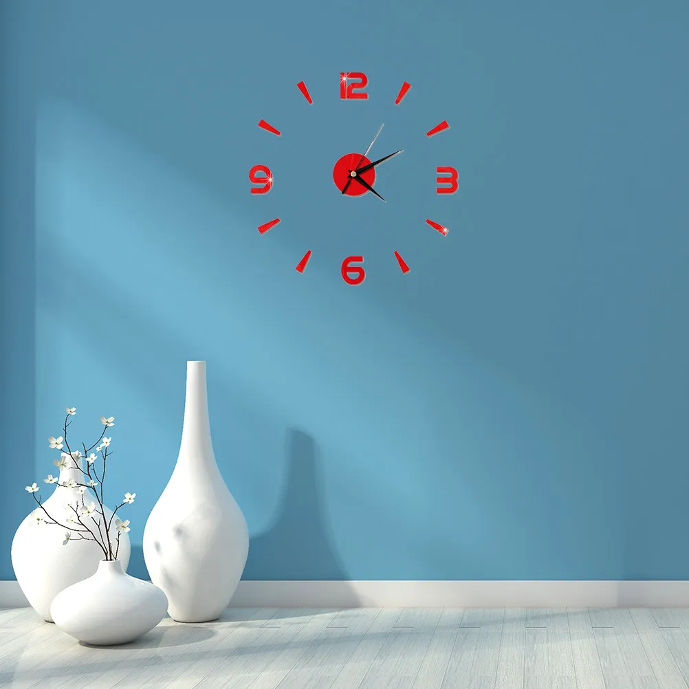 3D Acrylic Frameless Wall Clock Red DIY Modern Arabic Numeral Mirror Wall Clock for Living Room Bedroom Decoration