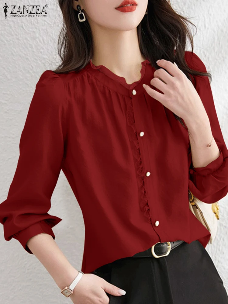 2024ZANZEA Frauen Herbst Langarm Rüschen Hemd Mode Büro Dame Bluse Elegante Casual Patchwork Tops Solide OL Arbeit Blusas