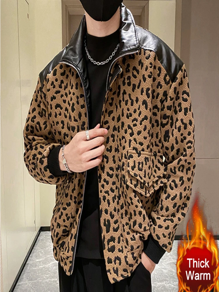 Vintage Leopard Pattern Splicing addensato giacca calda Pu Leather Stitching Winter Men Manteau Homme Hiver