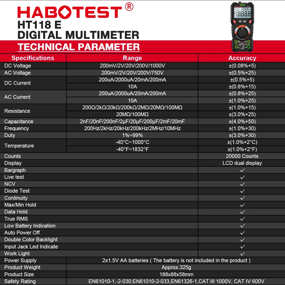 HABOTEST HT118E Digital Multimeter 20000 Counts True RMS NCV Hz Transistor Tester Voltmeter Capacitance Meter