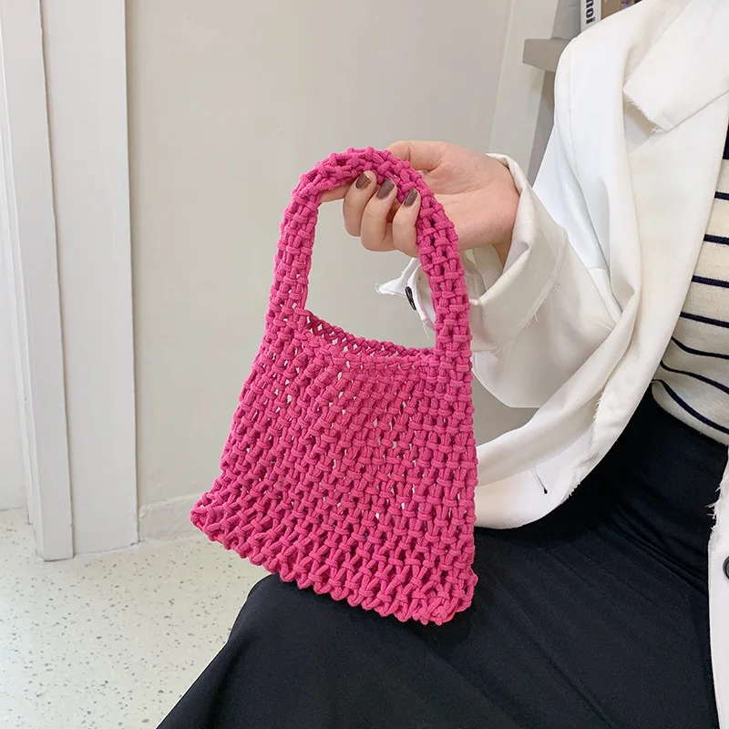 Beach Crochet Handbag for Women Girls Summer Straw Rope Hollow Out Hand Woven Totes Bag Women\'s Hollow Knitting Handbag Purses