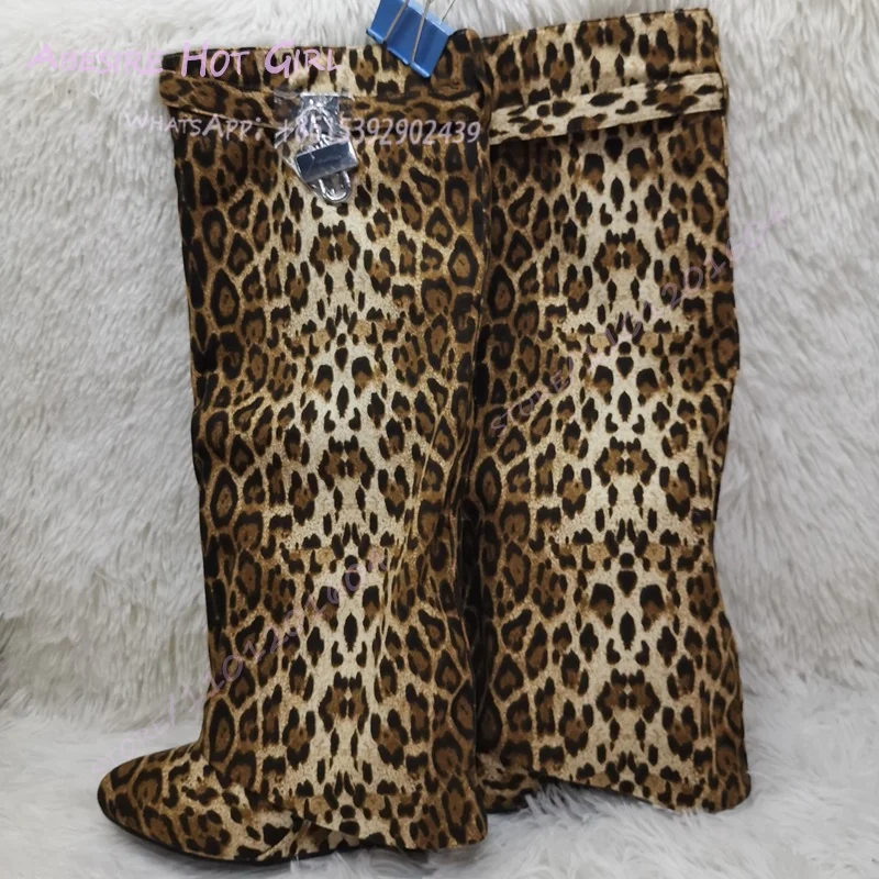 Suede Brown Leopard Black Spotted Wild Woman Boots Knee Gold Lock Sexy Totem Cool Flats Slip Metal Belt Buckle Round Wedge Shoes