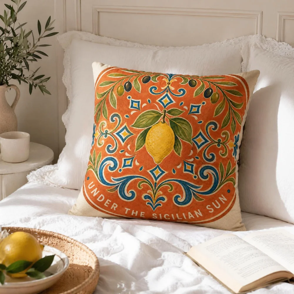 Vintage Lemon Olive Complete Throw Pillow With Filling Square Decorative Cushion,Retro Floral Fruit Pattern Home Decor Pillow