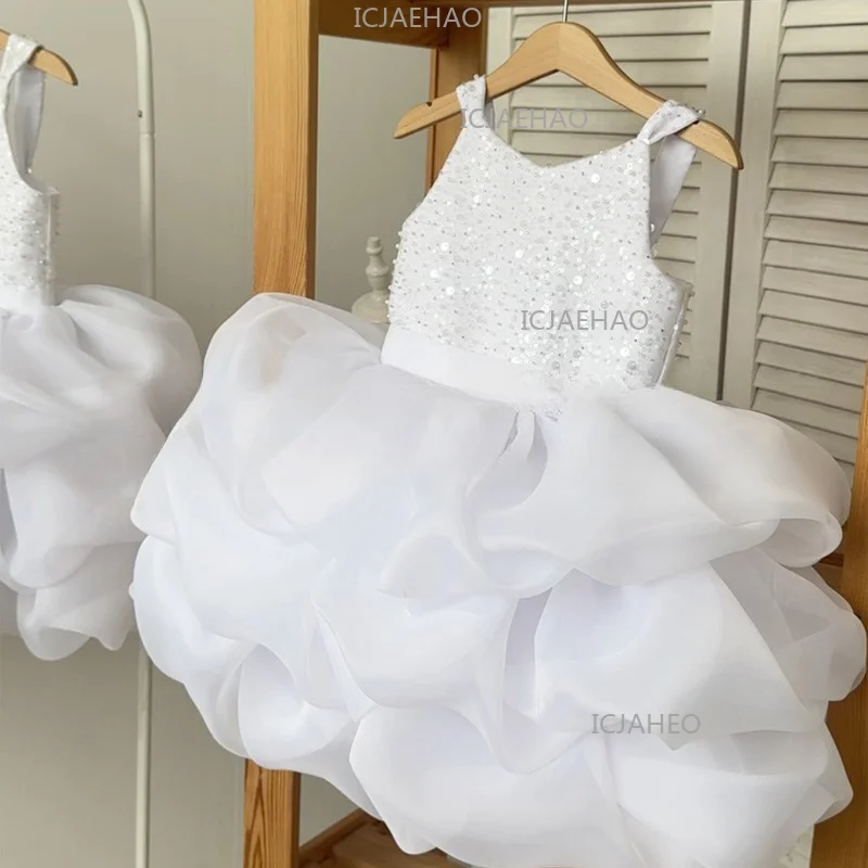 New Children Girls Beaded Embellished Princess Dress Kids Sparkly Formal Birthday Performance Tutu Flower Girl Wedding Clothes
