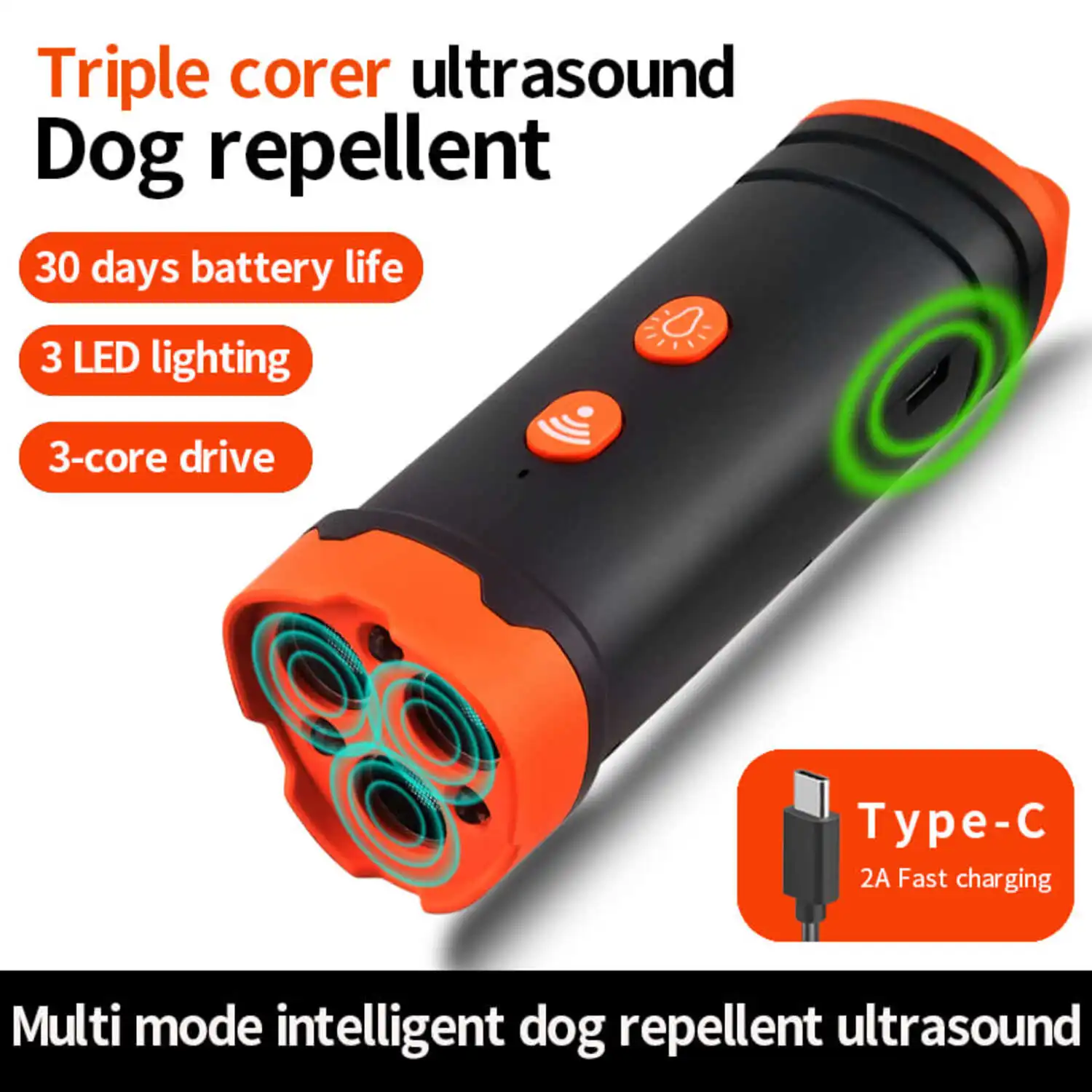 Ultrasonic Dog Repeller with LED Light Tri-core High Power Portable Handheld Ultrasonic Dog Trainer Repels Large Vicious Dogs