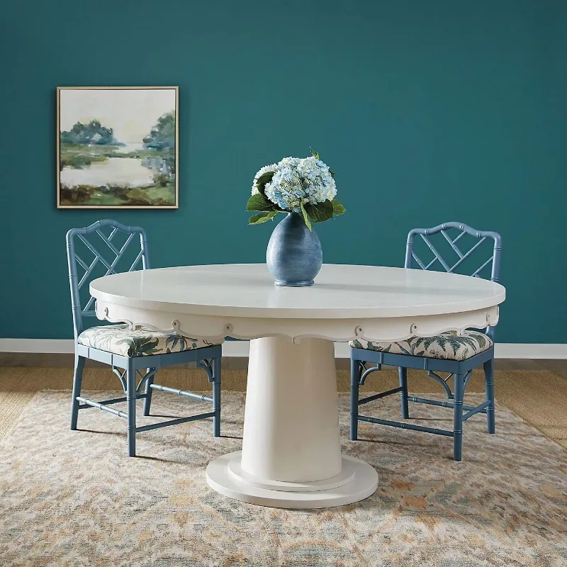 Pure white wavy skirt-edge round wooden dining table, durable and handmade