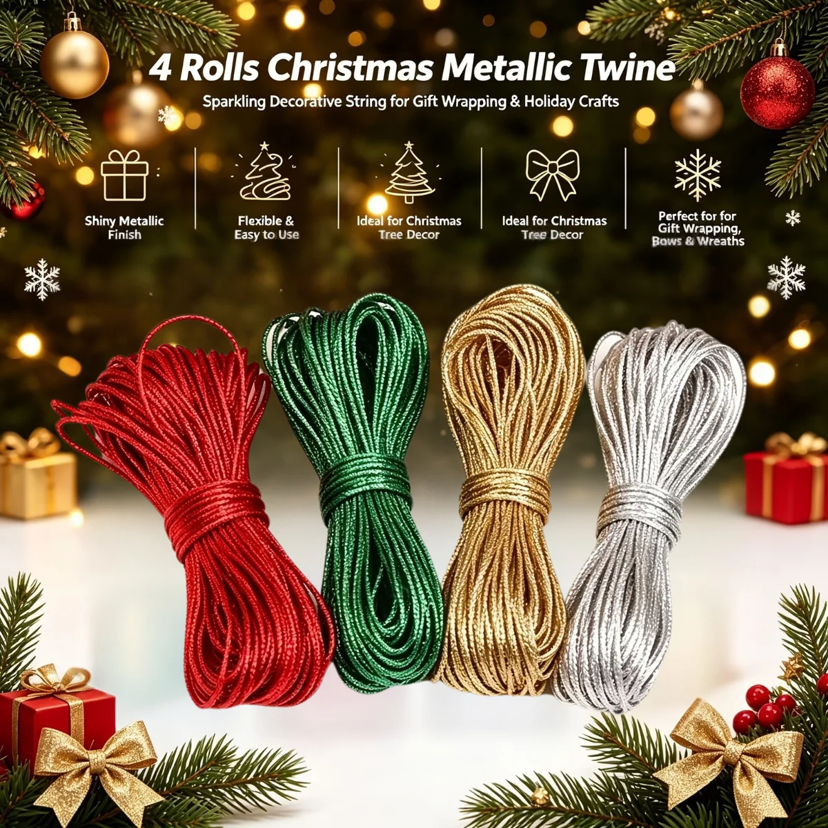 4 rolls of Christmas metallic ribbon, random colors, gift wrapping string, suitable for Christmas parties, birthday wrapping