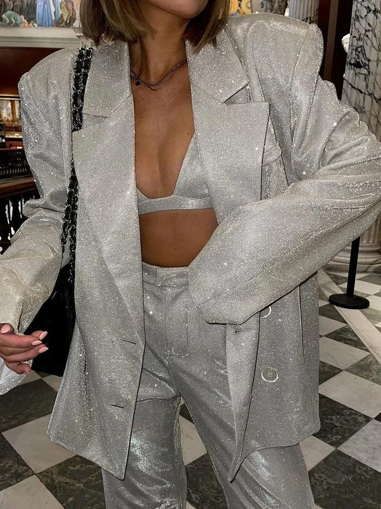 TARUXY Sliver Sparkly Oversized Blazer Sets For Women Suit Ladies Casual Glitter Coat And Pants Sets Blazer Femme Mujer Party