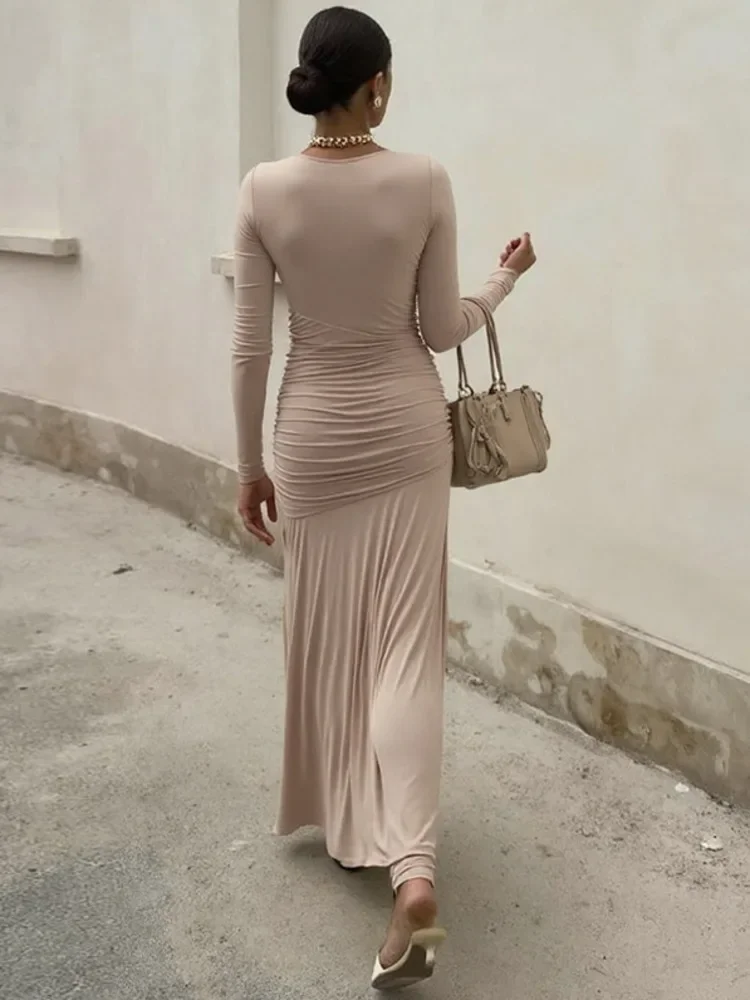 Fmxires كم طويل Ruched مثير فستان ماكسي المرأة الخريف الشتاء موضة س الرقبة عالية الخصر Bodycon نادي حفلة فستان طويل أنيق