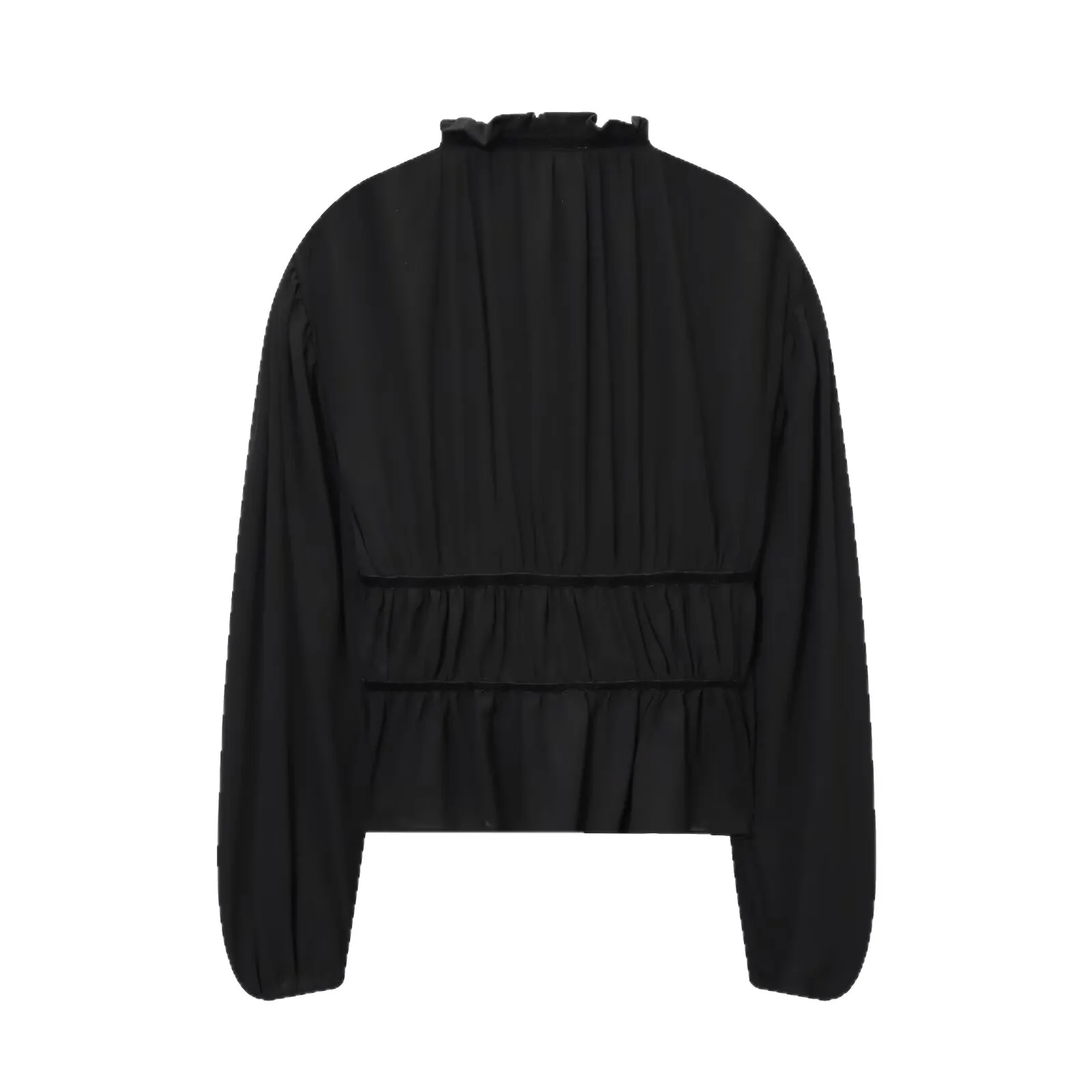 Women's Black Long-Sleeve Shirt Autumn Winter Fashion Versatile Sexy Casual Bow Top Tie Detail Ruffled Drawstring Chiffon Blouse