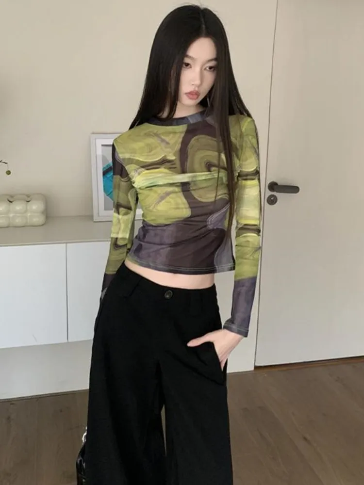 Artistic Printed T-Shirt For Women In Spring And Autumn, High-End Elastic Mesh, Unique Slim Fit Bottom Top