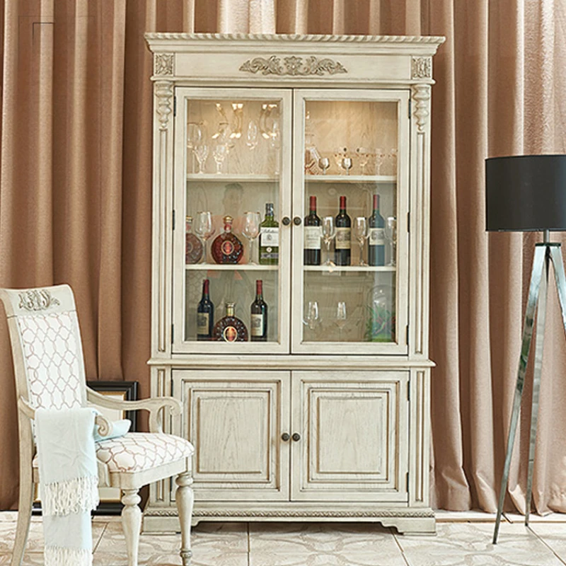 Custom-made American solid wood carving sideboard French white old glass door wine cabinet solid wood locker custom furniture