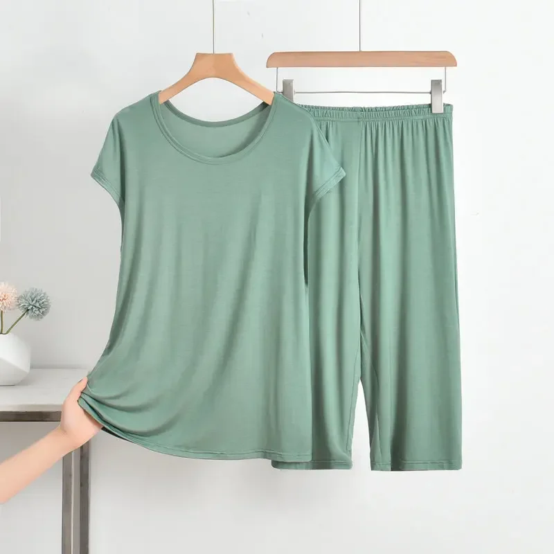 

Summer Modal Pajamas Pijamas For Women Sleeveless Loungewear Thin O-Neck Pullover Pajamas Set Solid Color Loose 6XL Home Suit