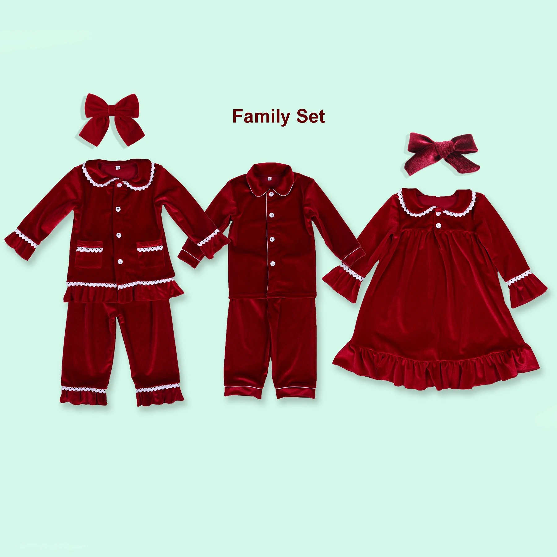 1-14Y Baby Boy Girl Christmas Essential Warm Winter Red Velvet Pajamas Set Toddler Long Sleeve Lace Sleepwear Kids Clothing Suit