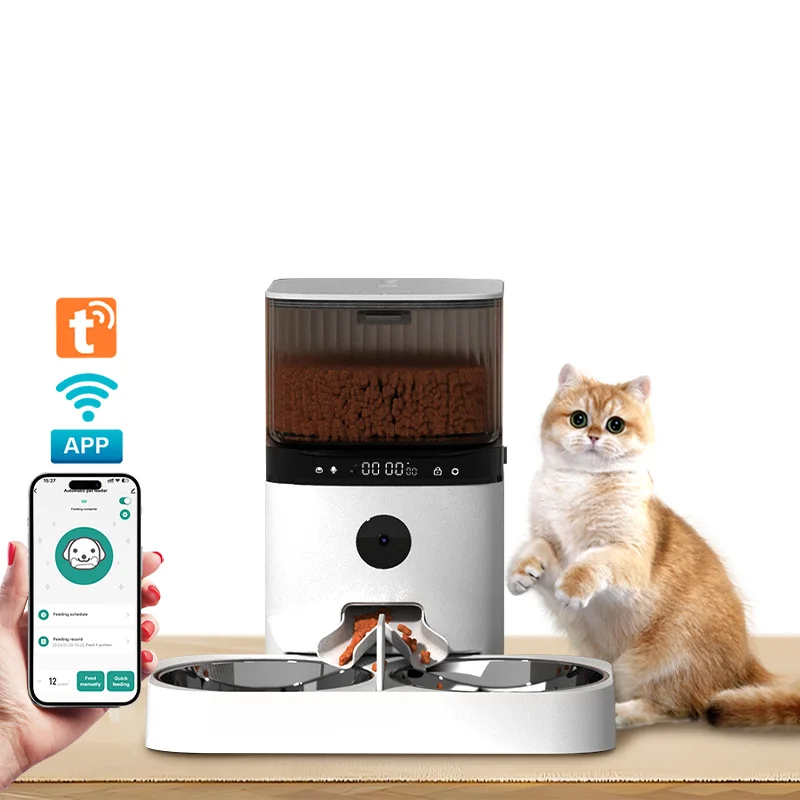 WiFi Control Cat and Dog Sensor Automatic Dual Automatic Pet Feeder with Camera, Convenient Dual Feeding