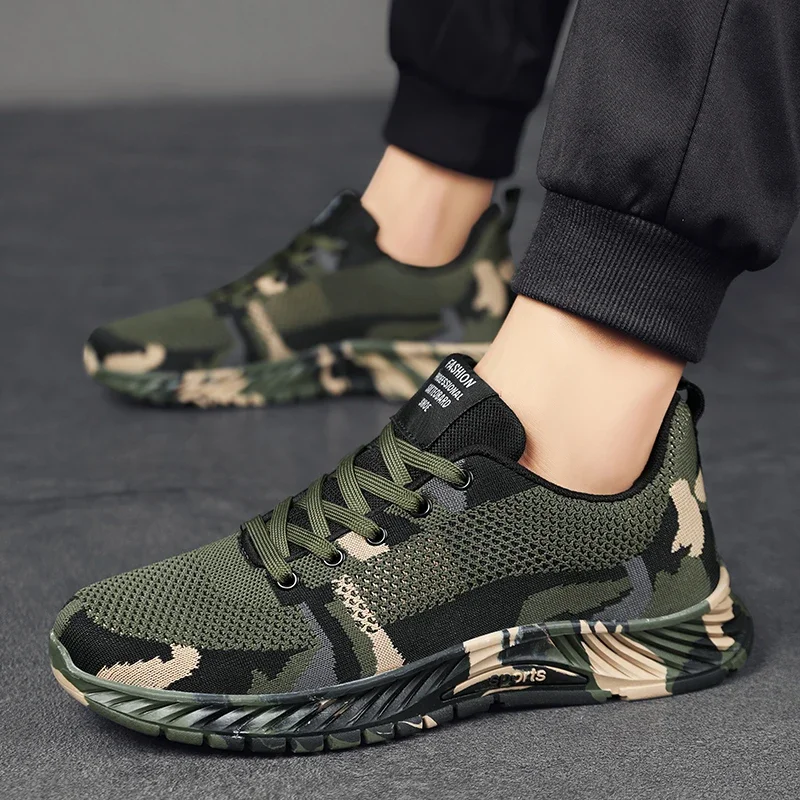 Army Green Camouflage Sneakers Men Sneakers Outdoor Casual Shoes for Men Breathable Travel Shoes Mesh Lace Up Size 39-44