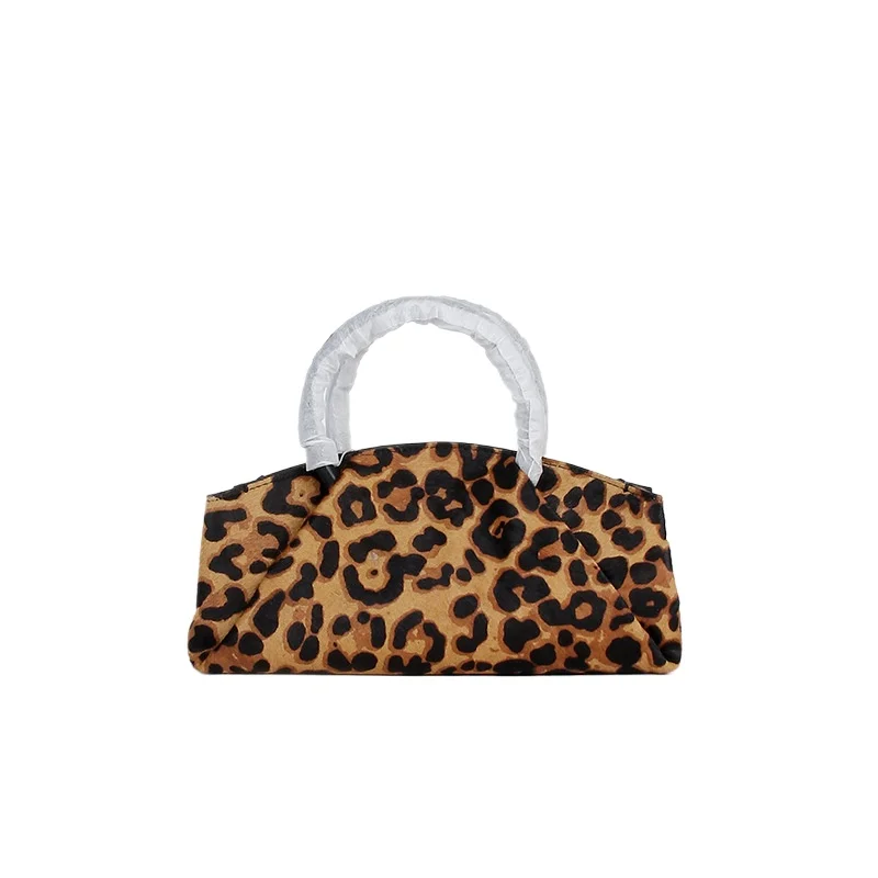 Vintag Leopard Print Pleated Handbag Soft Genuine Leather Women's Handbag 2026 New Niche Design Real Leather Tote Bag Female
