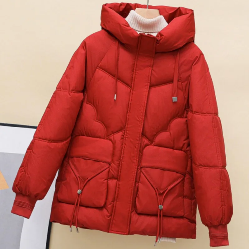 

Зимнее женское пуховое пальто в корейском стиле 2025 года, утолщенное теплое пуховое пальто, свободная посадка для повседневного и однотонных топов