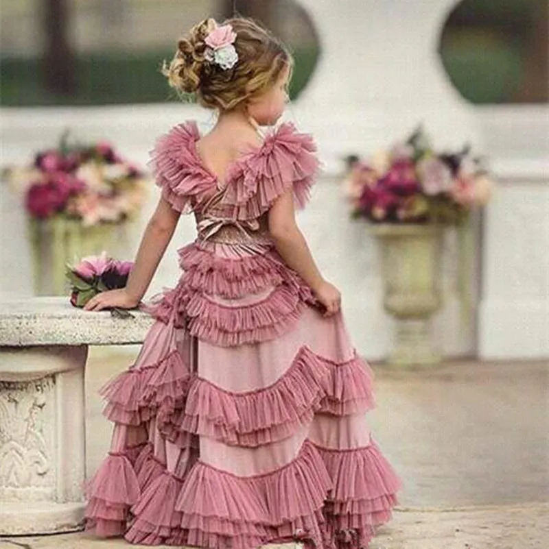 

Gauze Lace Printing Layered Exquisite Princess Flower Girl Dresses Wedding Party Ball First Communion Dresses Dream Kids Gift